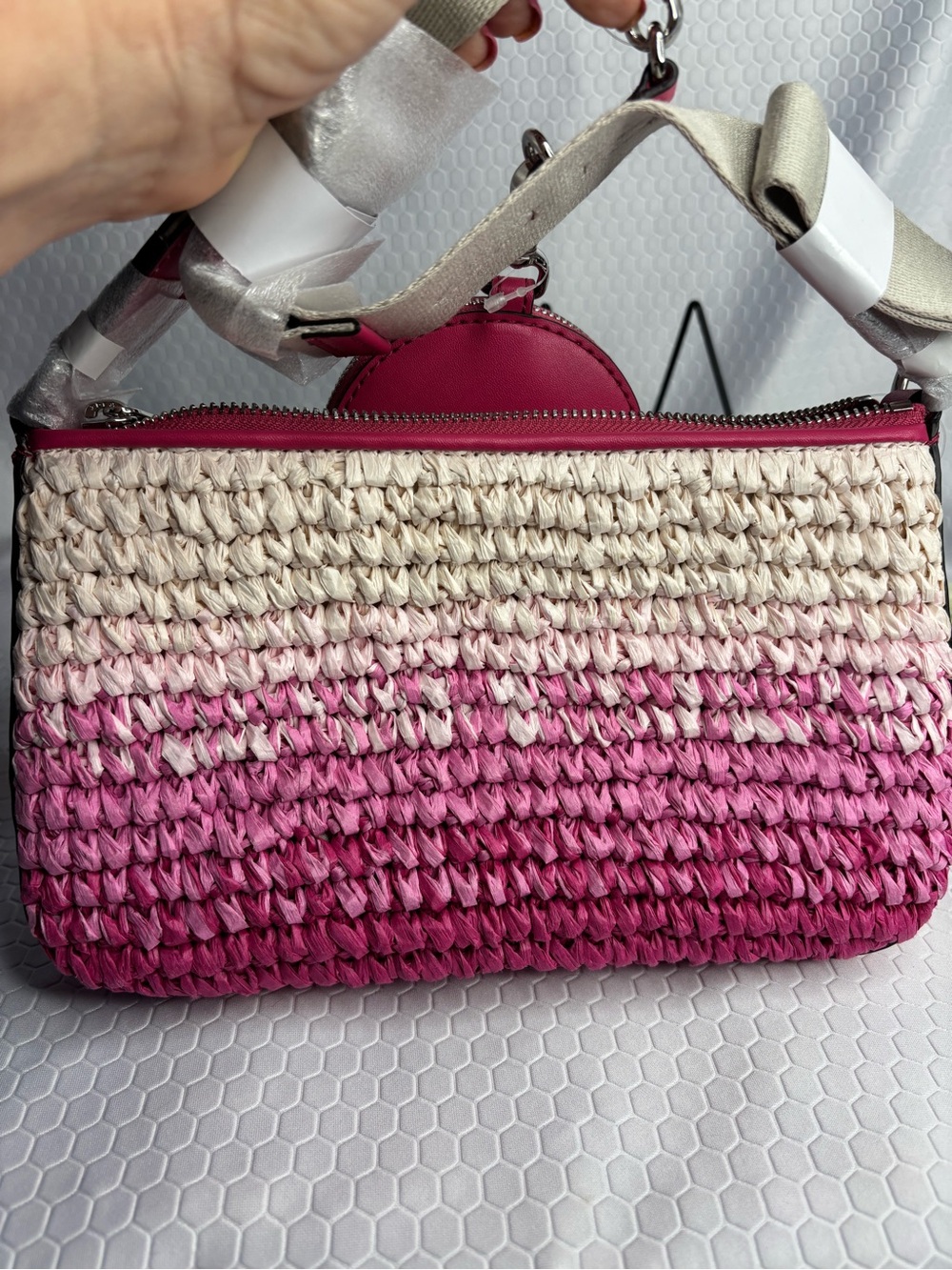 Michael Kors Pink Ombre Woven Crossbody Bag with Pink Leather Accents NWT - Picture 9 of 11